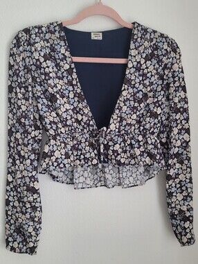 Aritzia Sunday Best Floral Tie Front Crop Top Long Sleeve Navy 2XS Retro Boho